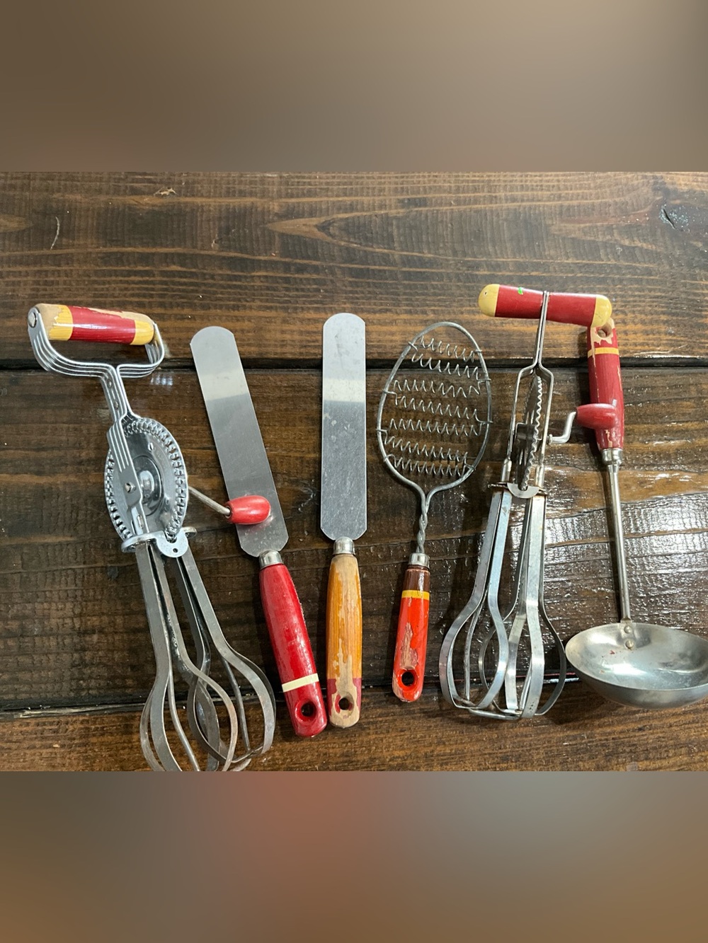 Vintage Lot of 6 Assorted Red Handle Kitchen Gadgets Utensils MCM Decor